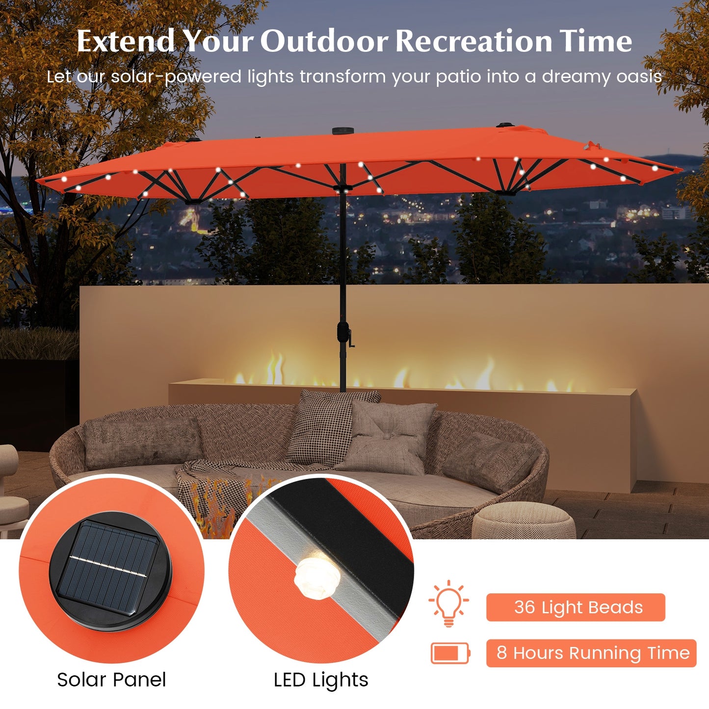 13FT Double-sided Patio Umbrella with Solar Lights for Garden Pool Backyard, Orange Outdoor Umbrellas at Gallery Canada