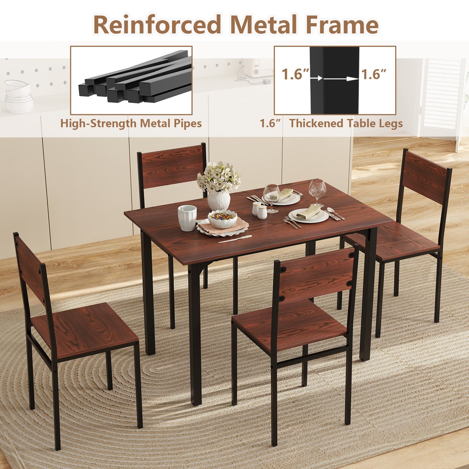 5 Piece Dining Table Set Industrial Style Kitchen Table and Chairs for 4, Walnut Dining Room Sets at Gallery Canada