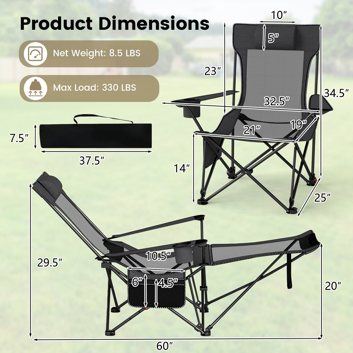 Reclining Camping Chair with Removable Footrest and Adjustable Backrest, Gray Camping Furniture at Gallery Canada