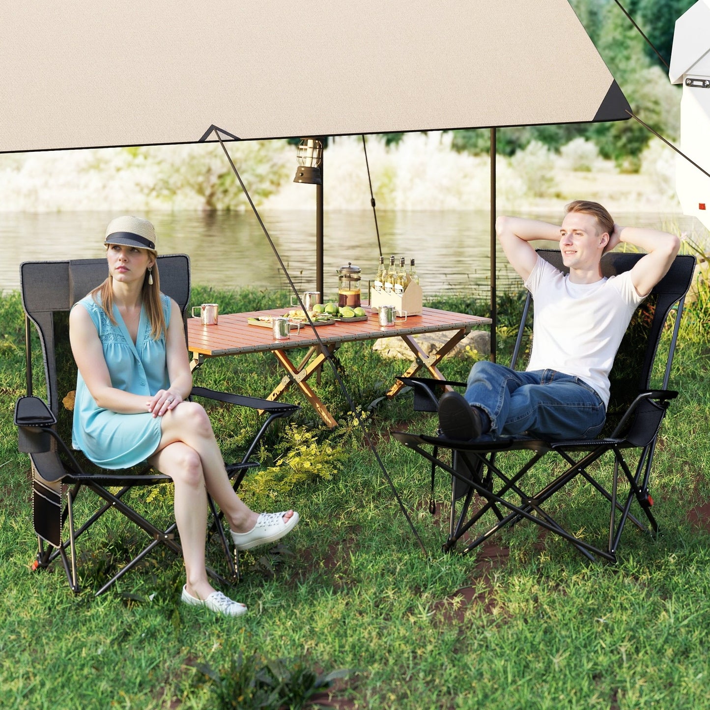 Reclining Camping Chair with Removable Footrest and Adjustable Backrest, Gray Camping Furniture at Gallery Canada