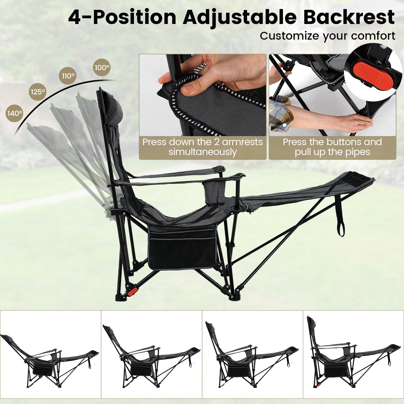 Reclining Camping Chair with Removable Footrest and Adjustable Backrest, Gray Camping Furniture at Gallery Canada