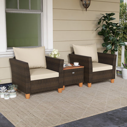 3 Pieces Patio PE Wicker Furniture Set with Cushions and Acacia Wood Storage Coffee Table, Beige Patio Conversation Sets at Gallery Canada