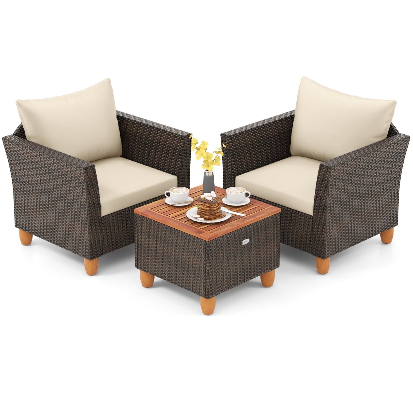 3 Pieces Patio PE Wicker Furniture Set with Cushions and Acacia Wood Storage Coffee Table, Beige Patio Conversation Sets Beige at Gallery Canada