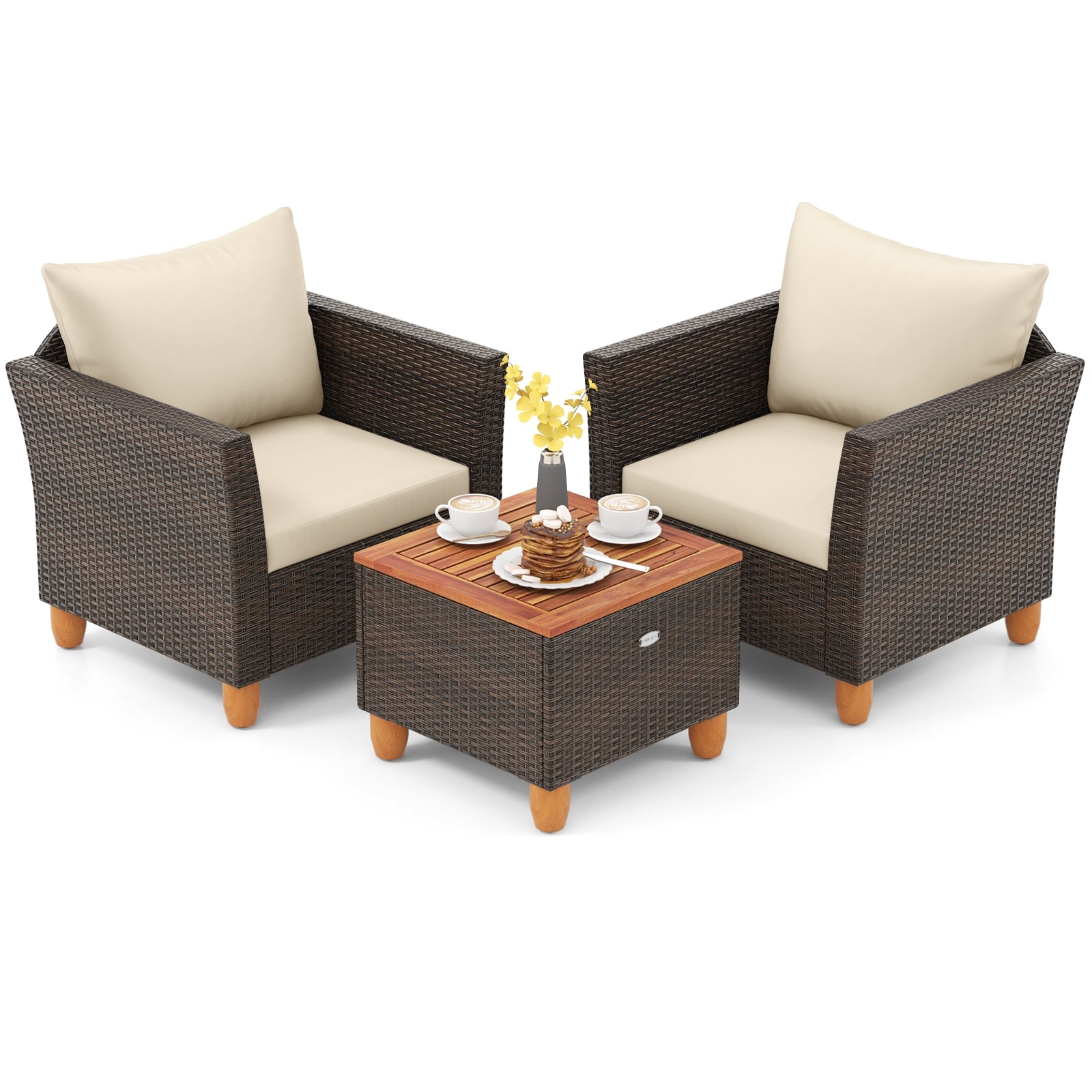 3 Pieces Patio PE Wicker Furniture Set with Cushions and Acacia Wood Storage Coffee Table, Beige Patio Conversation Sets Beige at Gallery Canada