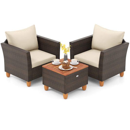 3 Pieces Patio PE Wicker Furniture Set with Cushions and Acacia Wood Storage Coffee Table, Beige Patio Conversation Sets Beige at Gallery Canada