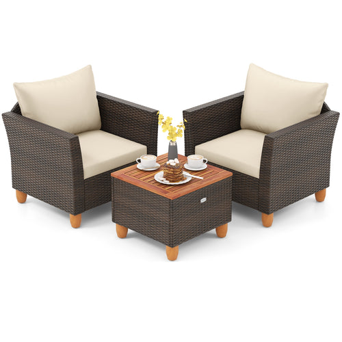 3 Pieces Patio PE Wicker Furniture Set with Cushions and Acacia Wood Storage Coffee Table, Beige