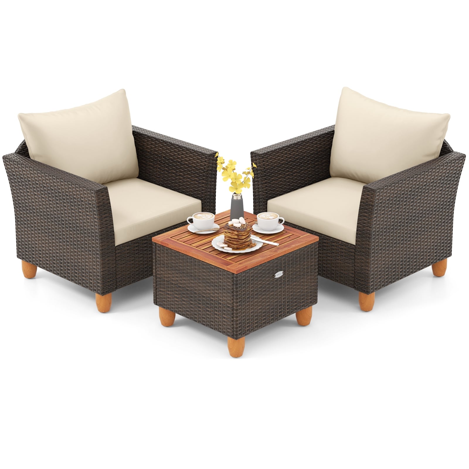 3-Piece Patio Furniture Set With Cushions, Acacia Wood Coffee Table, Beige Patio Conversation Sets at Gallery Canada