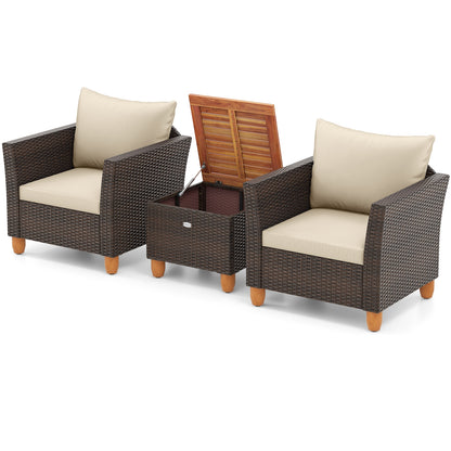 3 Pieces Patio PE Wicker Furniture Set with Cushions and Acacia Wood Storage Coffee Table, Beige Patio Conversation Sets at Gallery Canada