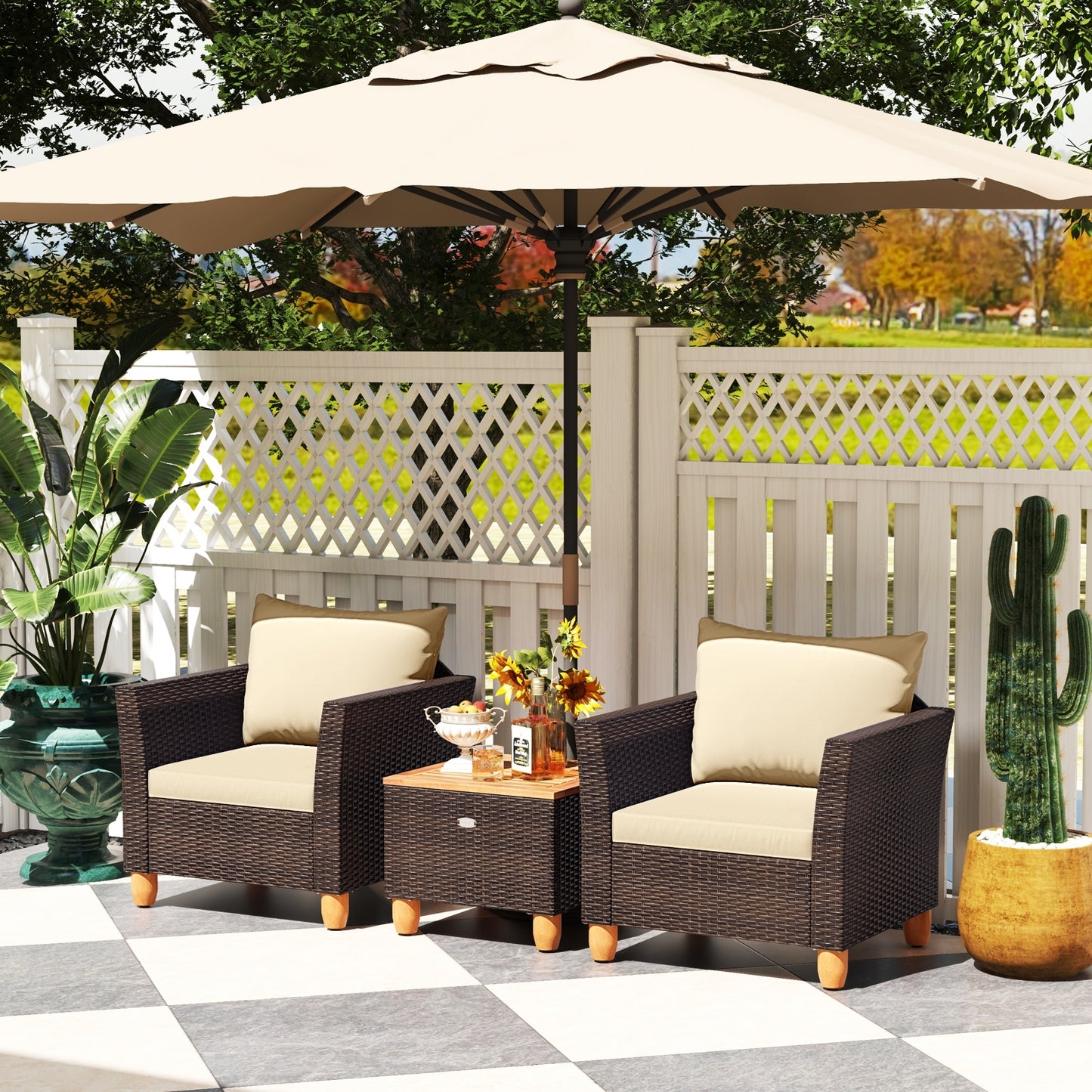 3 Pieces Patio PE Wicker Furniture Set with Cushions and Acacia Wood Storage Coffee Table, Beige Patio Conversation Sets at Gallery Canada