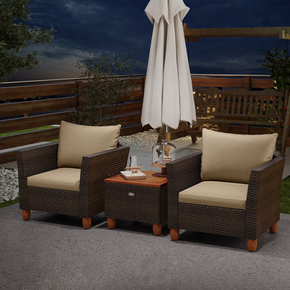 3 Pieces Patio PE Wicker Furniture Set with Cushions and Acacia Wood Storage Coffee Table, Beige Patio Conversation Sets at Gallery Canada
