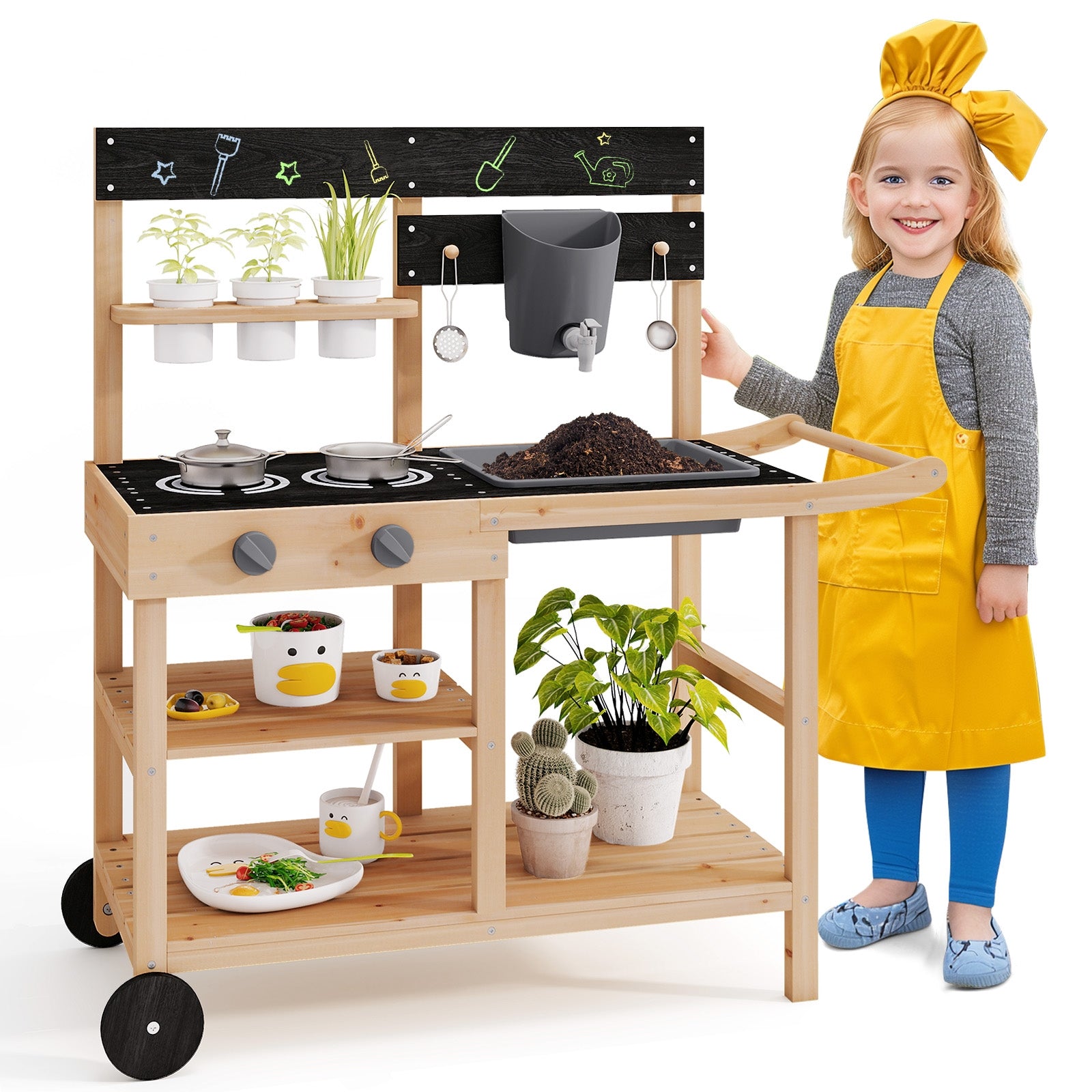Outdoor Fir Wood Play Kitchen with Blackboard and Planting Pots, Natural Play Kitchen Sets at Gallery Canada