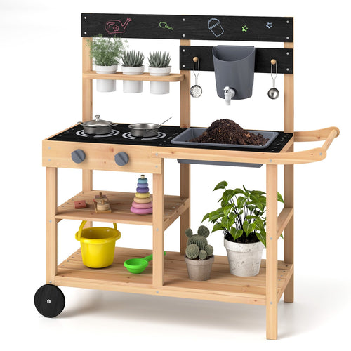 Outdoor Fir Wood Play Kitchen, Blackboard, Planting Pots, Natural