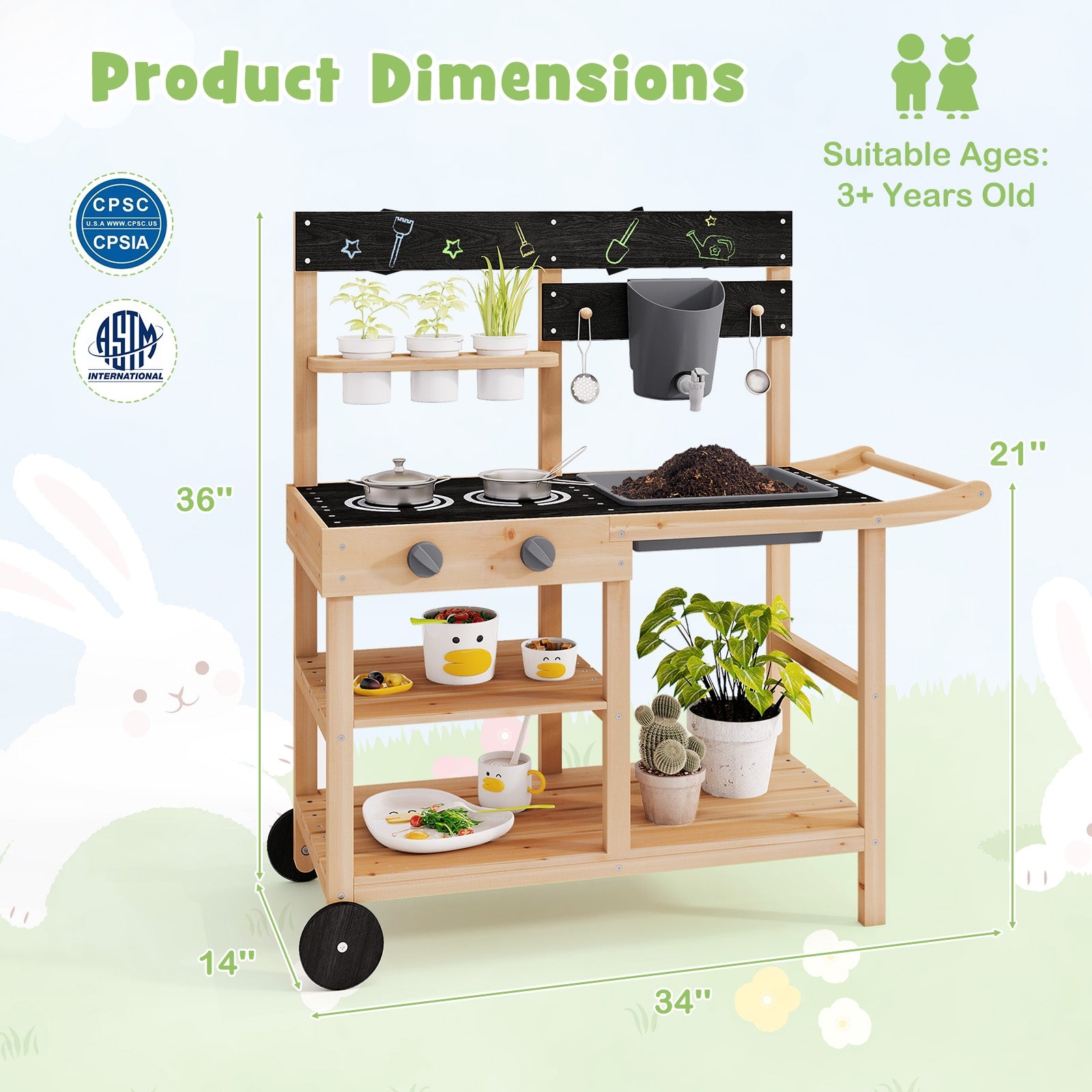 Outdoor Fir Wood Play Kitchen with Blackboard and Planting Pots, Natural Play Kitchen Sets at Gallery Canada