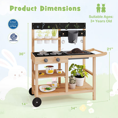 Outdoor Fir Wood Play Kitchen with Blackboard and Planting Pots, Natural Play Kitchen Sets at Gallery Canada