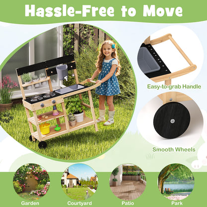 Outdoor Fir Wood Play Kitchen with Blackboard and Planting Pots, Natural Play Kitchen Sets at Gallery Canada