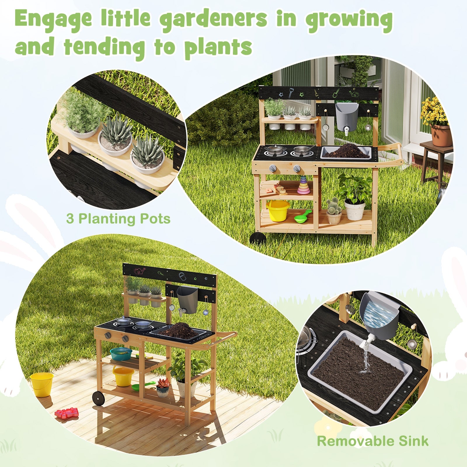 Outdoor Fir Wood Play Kitchen with Blackboard and Planting Pots, Natural Play Kitchen Sets at Gallery Canada