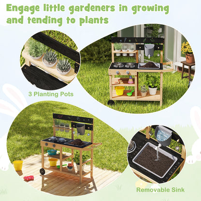 Outdoor Fir Wood Play Kitchen with Blackboard and Planting Pots, Natural Play Kitchen Sets at Gallery Canada