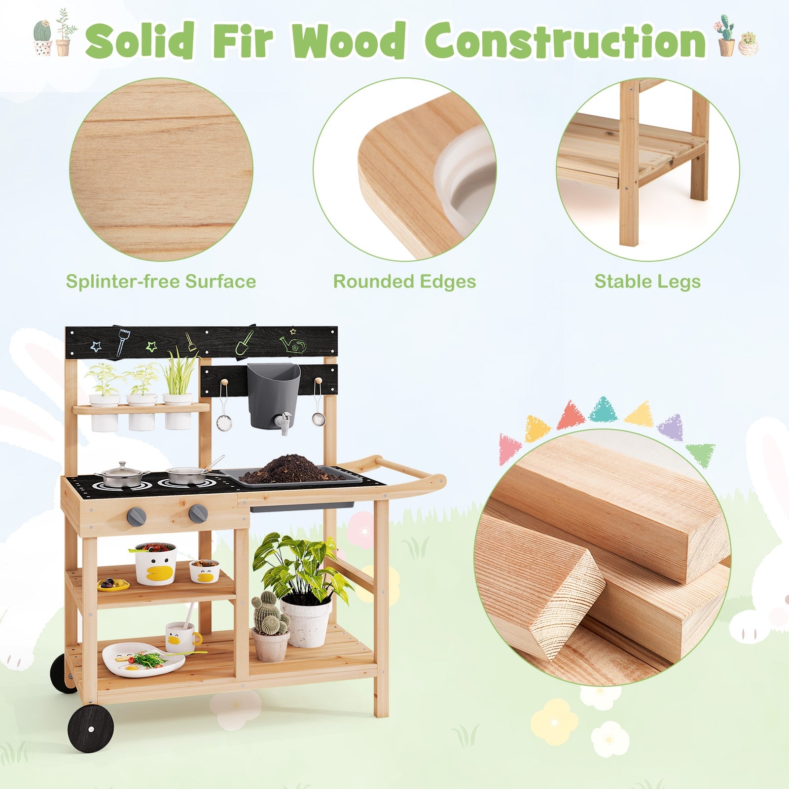 Outdoor Fir Wood Play Kitchen with Blackboard and Planting Pots, Natural Play Kitchen Sets at Gallery Canada