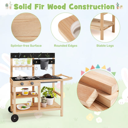 Outdoor Fir Wood Play Kitchen with Blackboard and Planting Pots, Natural Play Kitchen Sets at Gallery Canada