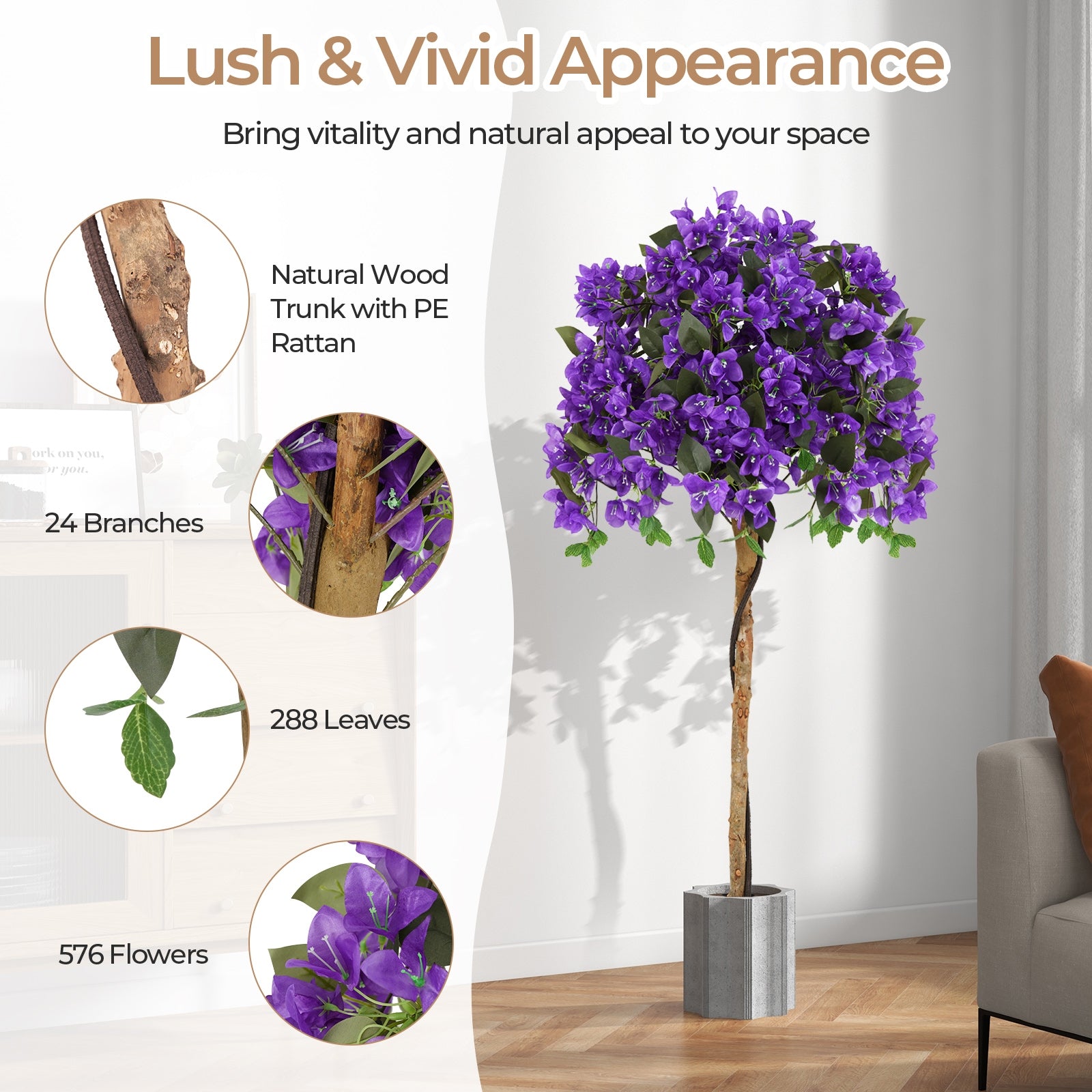 4.5 Feet Artificial Azalea Tree with Cement Pot, Purple Faux Plants at Gallery Canada