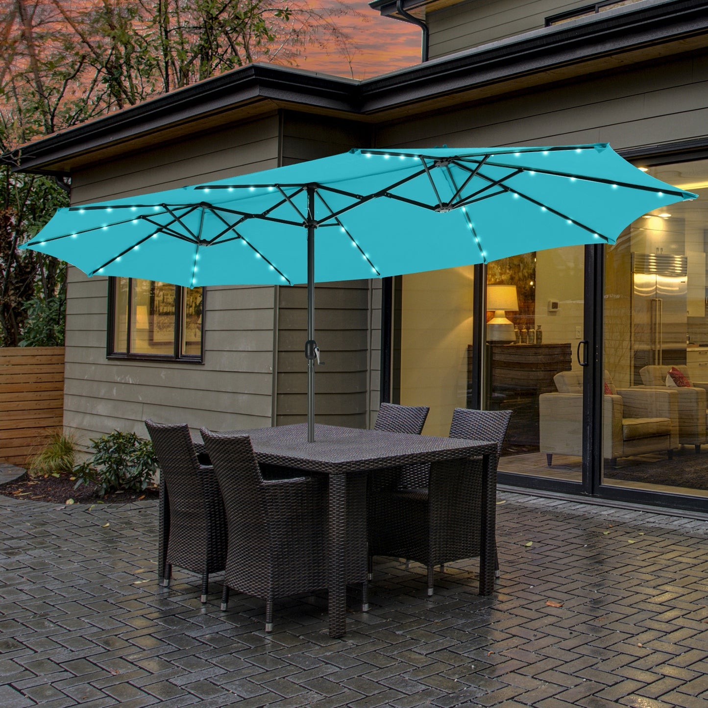 15 Feet Twin Patio Umbrella with 48 Solar LED Lights, Turquoise Outdoor Umbrellas at Gallery Canada