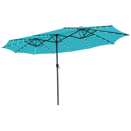15 Feet Twin Patio Umbrella, 48 Solar LED Lights, Turquoise