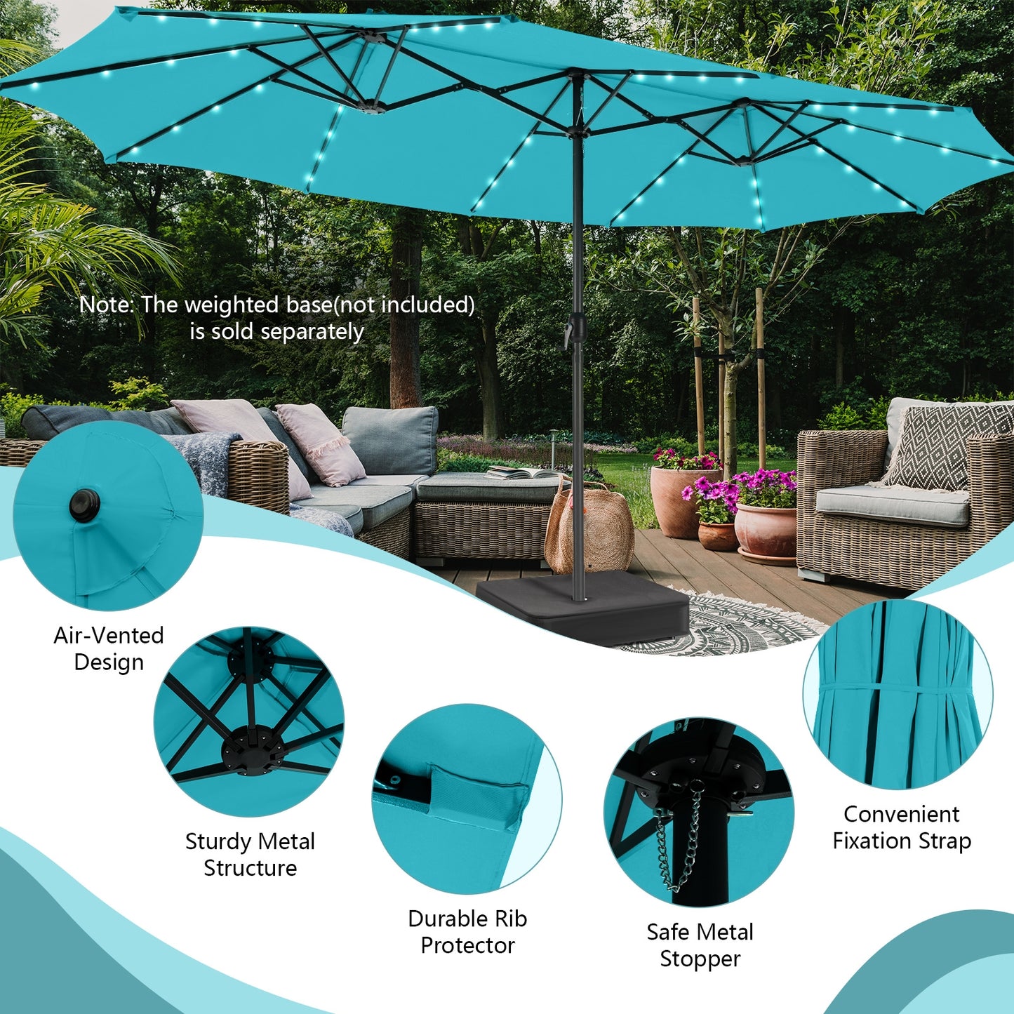 15 Feet Twin Patio Umbrella with 48 Solar LED Lights, Turquoise Outdoor Umbrellas at Gallery Canada