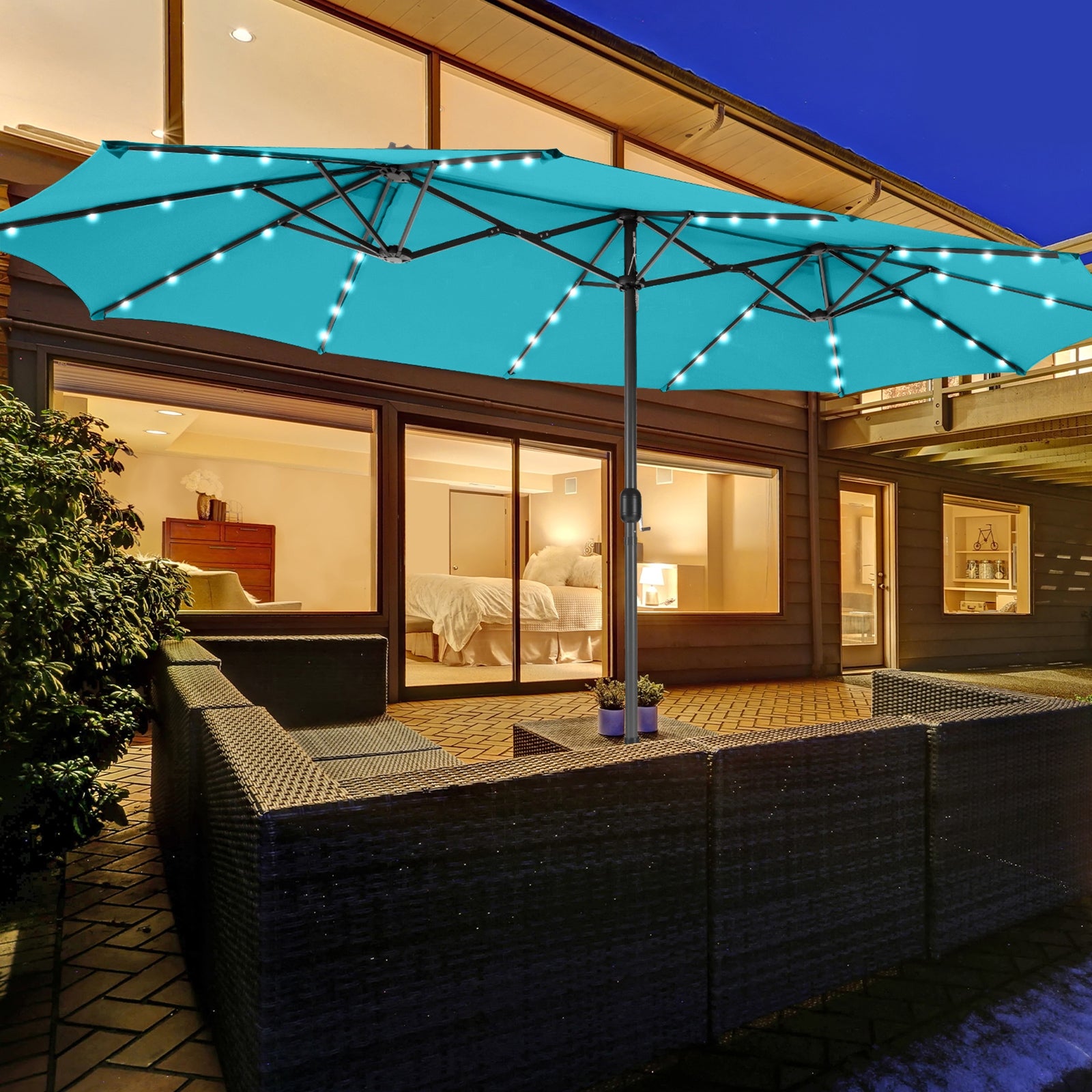 15 Feet Twin Patio Umbrella with 48 Solar LED Lights, Turquoise Outdoor Umbrellas at Gallery Canada