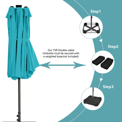 15 Feet Twin Patio Umbrella with 48 Solar LED Lights, Turquoise Outdoor Umbrellas at Gallery Canada