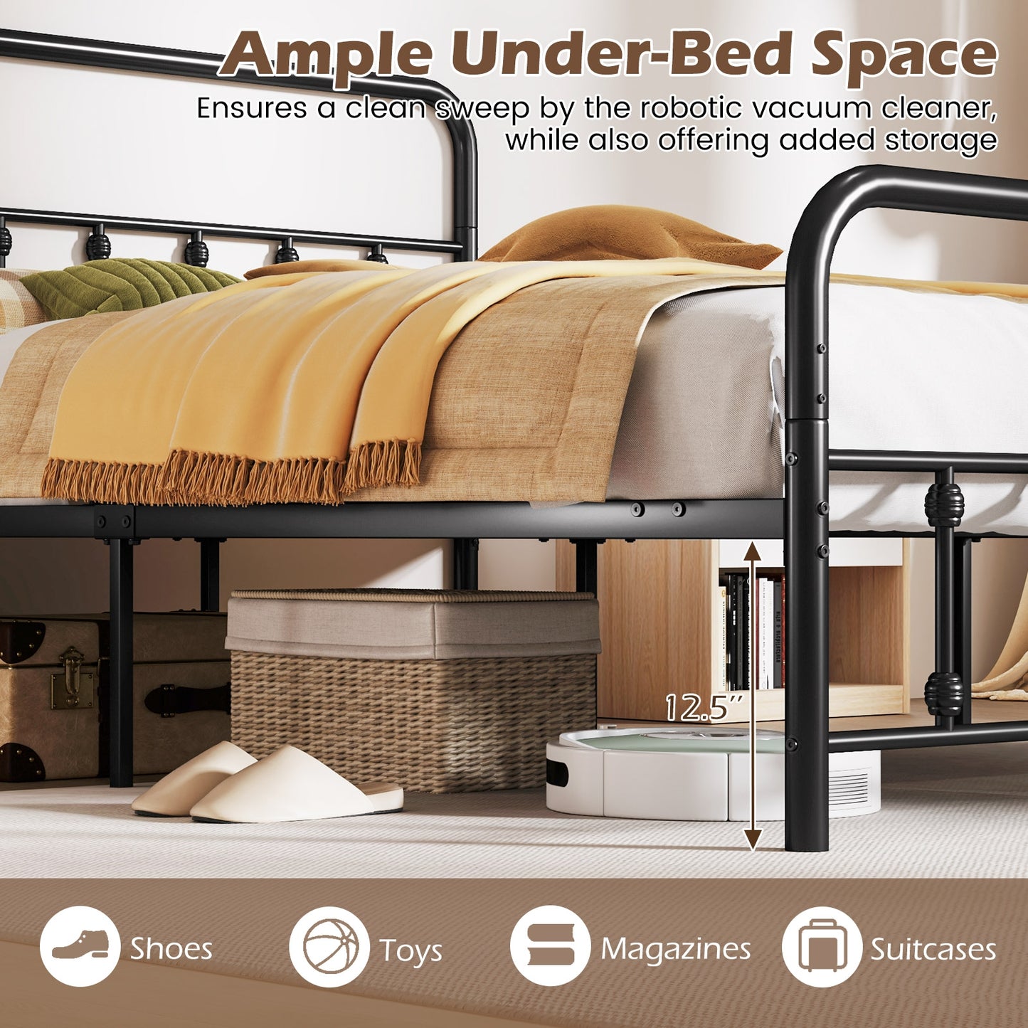 Queen Size Bed Frame With Headboard, Under Bed Storage, Black Simple Bed Frame at Gallery Canada