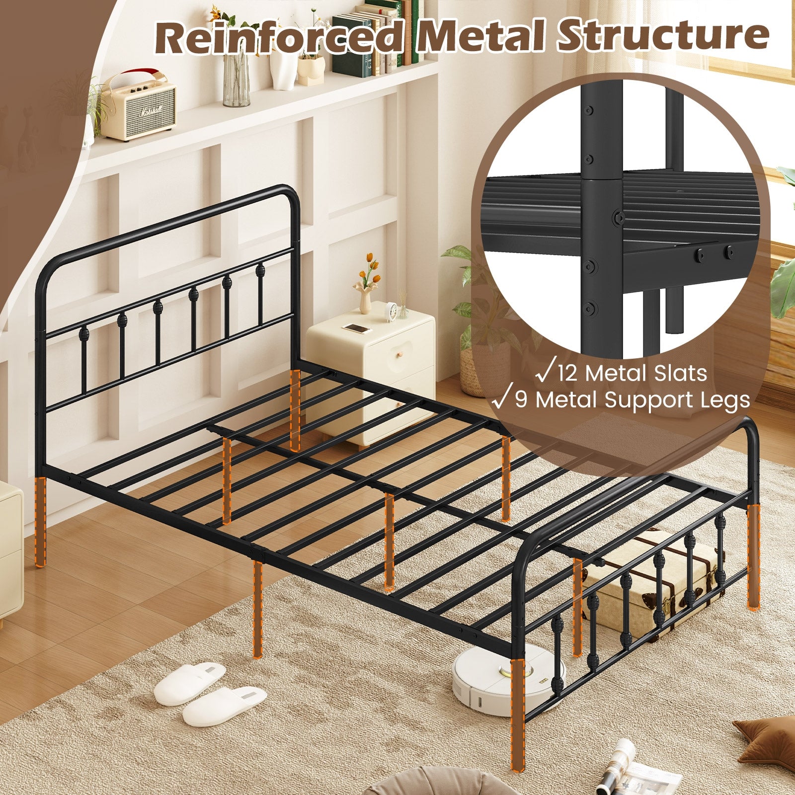 Queen Size Bed Frame With Headboard, Under Bed Storage, Black Simple Bed Frame at Gallery Canada