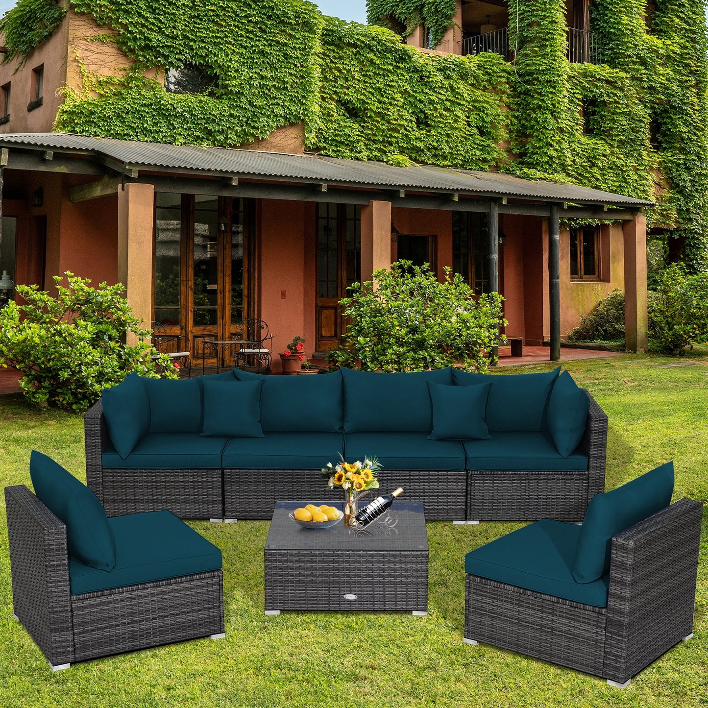 7 Pieces Patio Rattan Furniture Set with Sectional Sofa Cushioned, Green Outdoor Sectionals at Gallery Canada