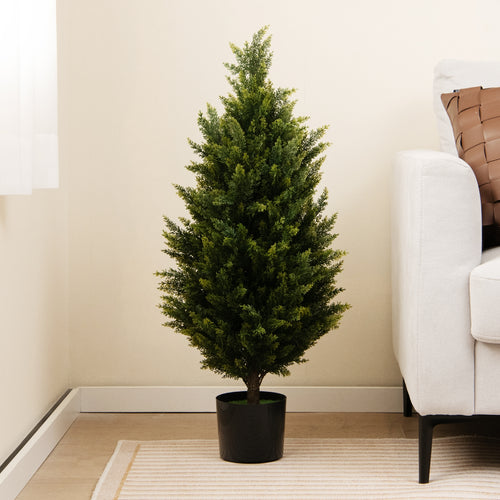 3 Feet Artificial Cedar Topiary Tree, Cement Plastic Pot, Green