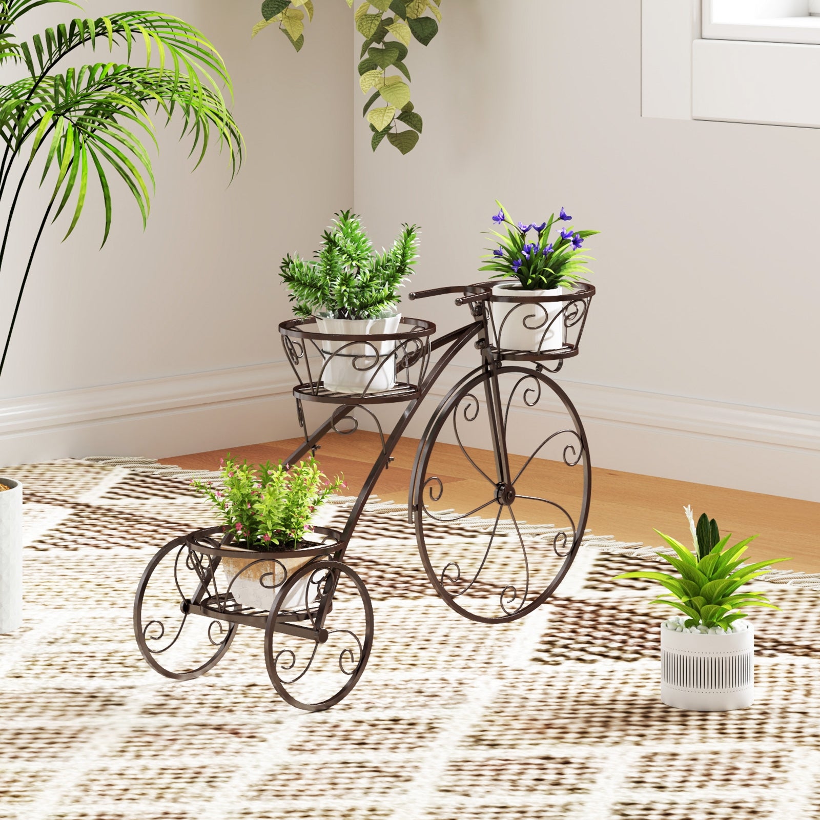 Tricycle Plant Stand Flower Pot Cart Holder with 3 Hollowed Baskets, Bronze Plant Stands at Gallery Canada