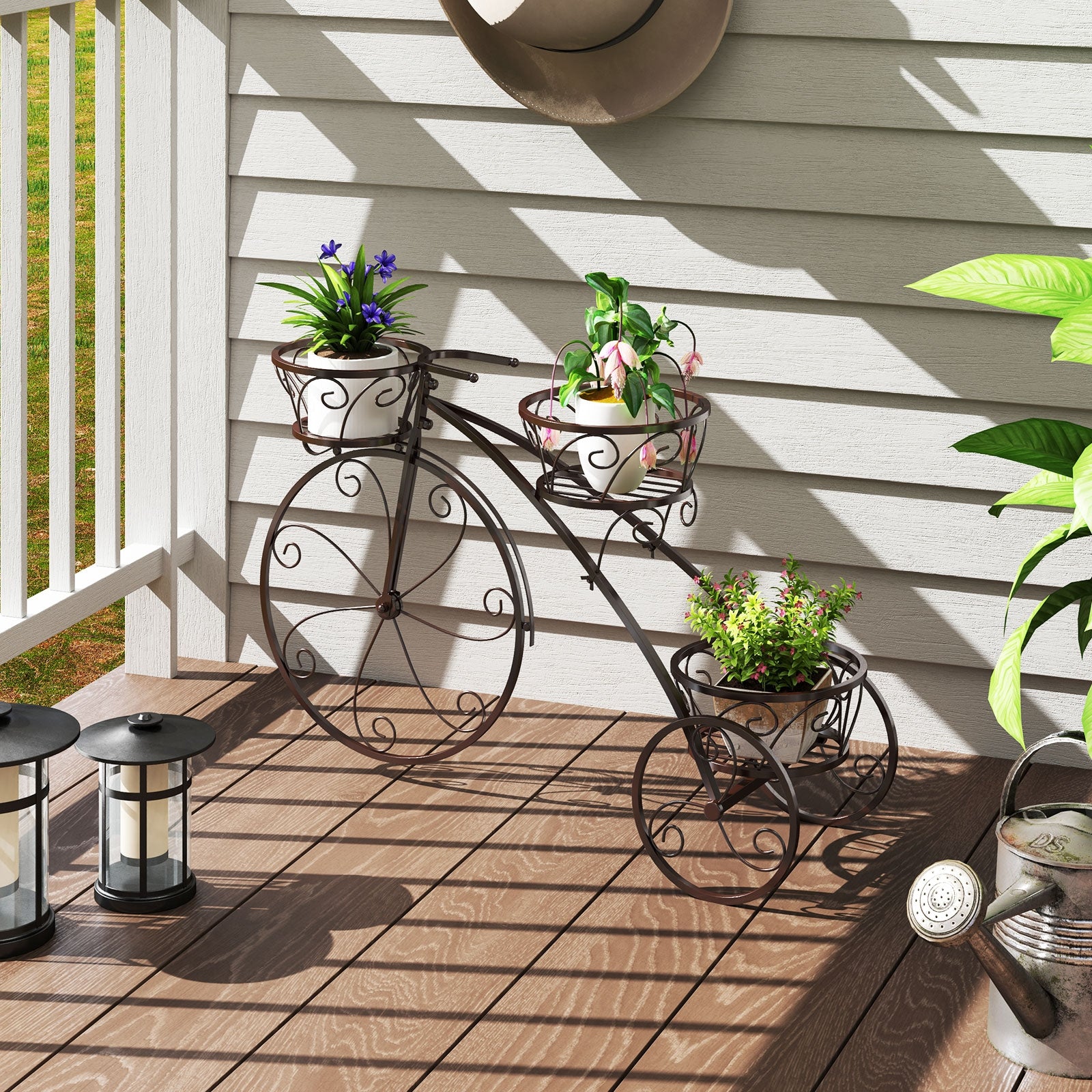 Tricycle Plant Stand Flower Pot Cart Holder with 3 Hollowed Baskets, Bronze Plant Stands at Gallery Canada