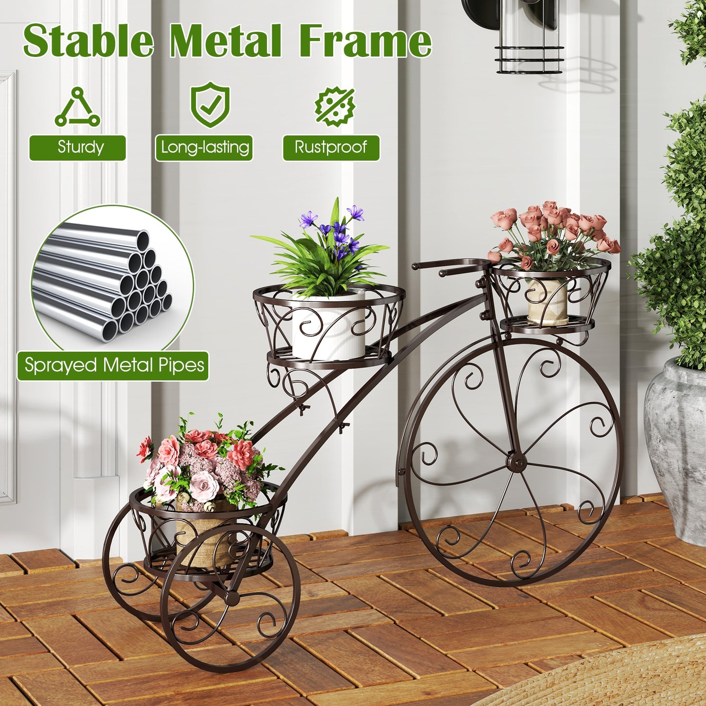 Tricycle Plant Stand Flower Pot Cart Holder with 3 Hollowed Baskets, Bronze Plant Stands at Gallery Canada