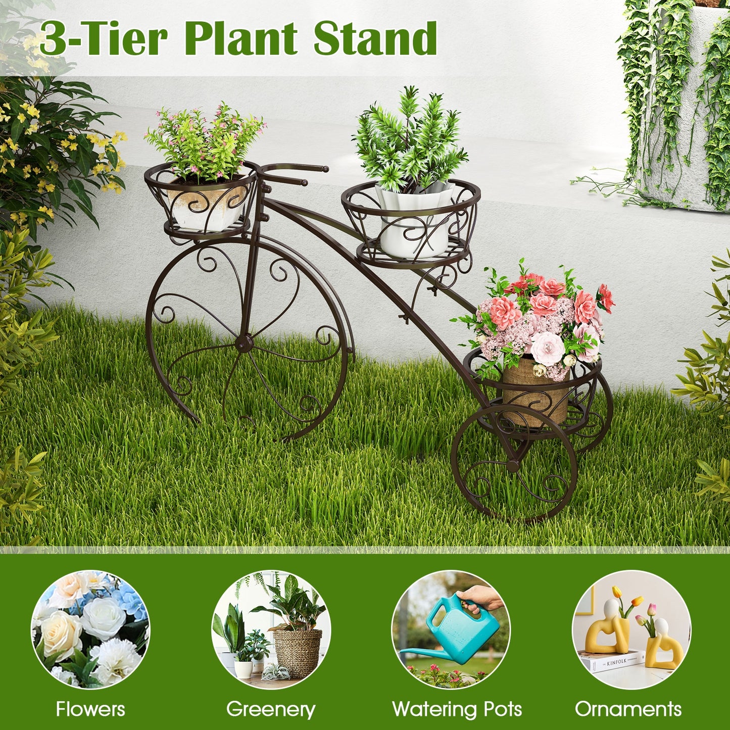 Tricycle Plant Stand Flower Pot Cart Holder with 3 Hollowed Baskets, Bronze Plant Stands at Gallery Canada