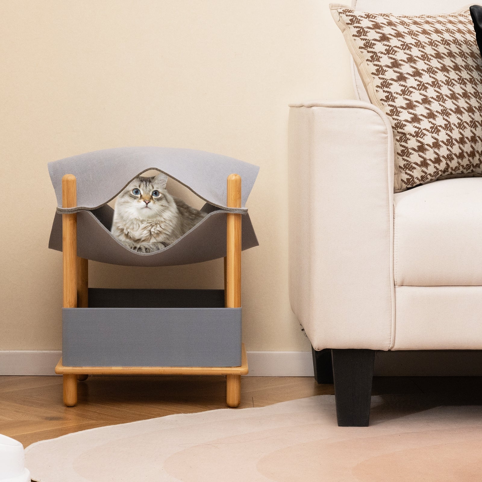 2-Tier Wooden Cat House with Semi-enclosed Condo and Removable Clothes, Gray Cat Trees Condos & Scratchers at Gallery Canada