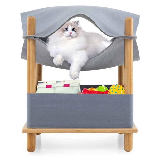 2-Tier Wooden Cat House with Semi-enclosed Condo and Removable Clothes, Gray