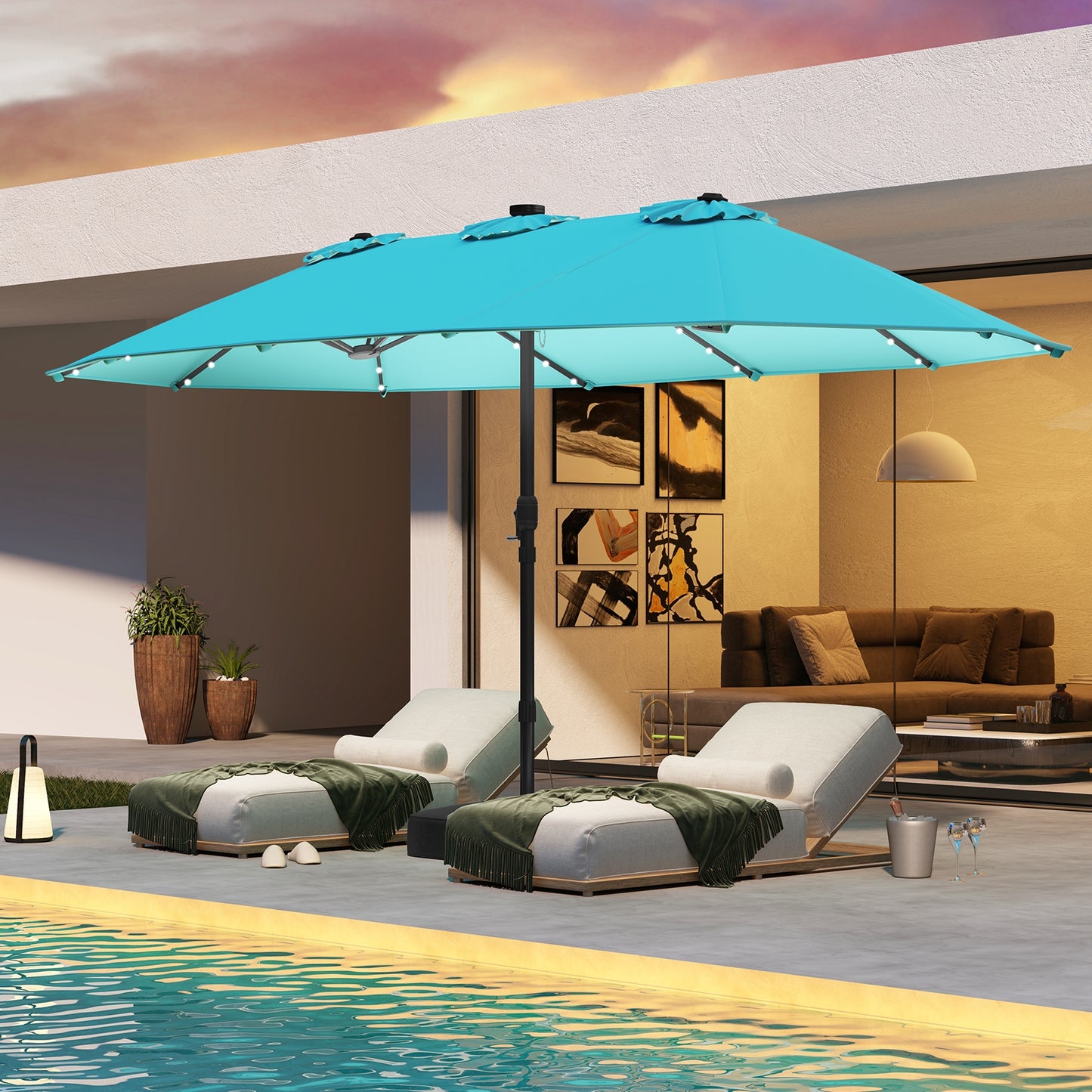 15 Feet Double-Sided Patio Umbrella with 48 LED Lights, Turquoise Outdoor Umbrellas at Gallery Canada