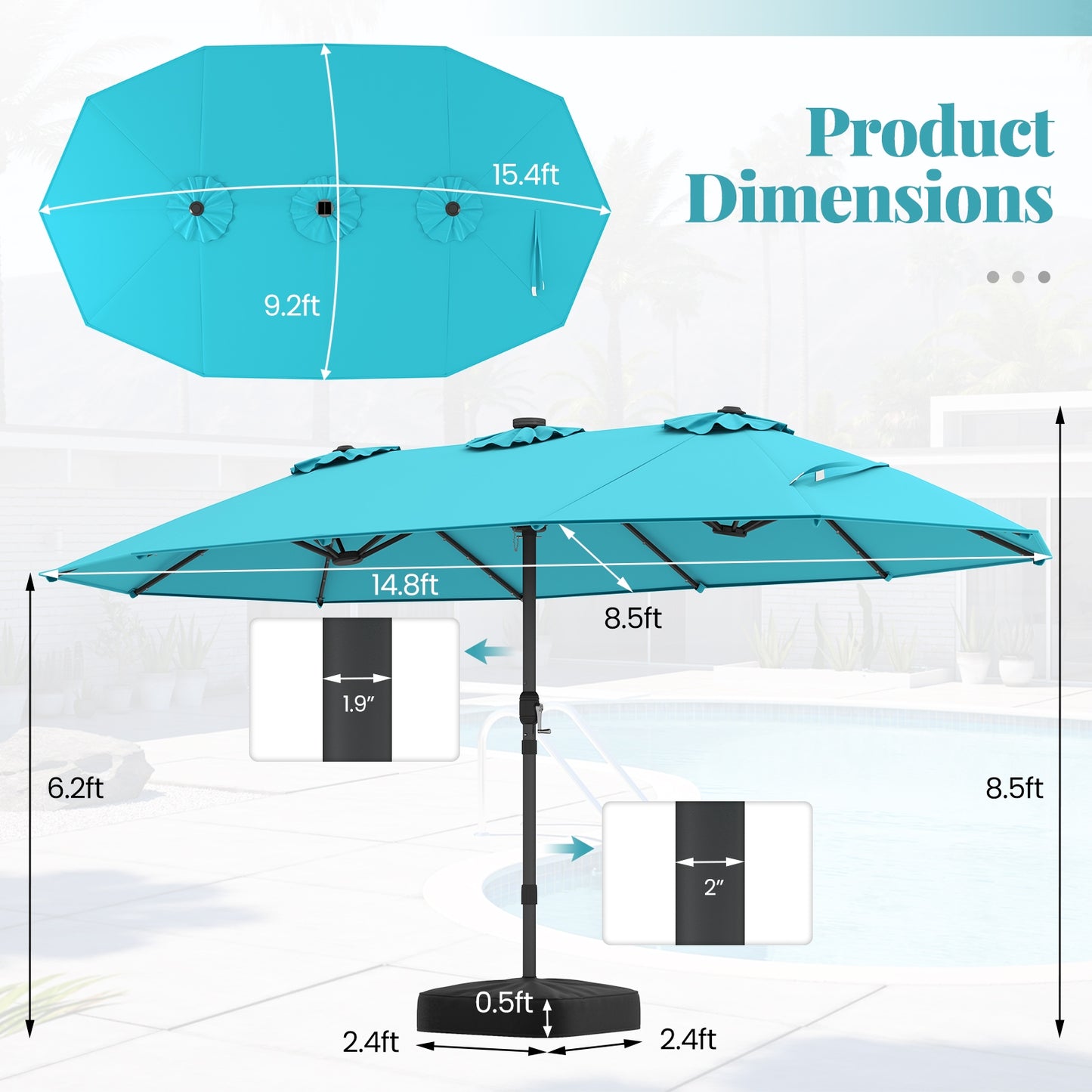 15 Feet Double-Sided Patio Umbrella with 48 LED Lights, Turquoise Outdoor Umbrellas at Gallery Canada