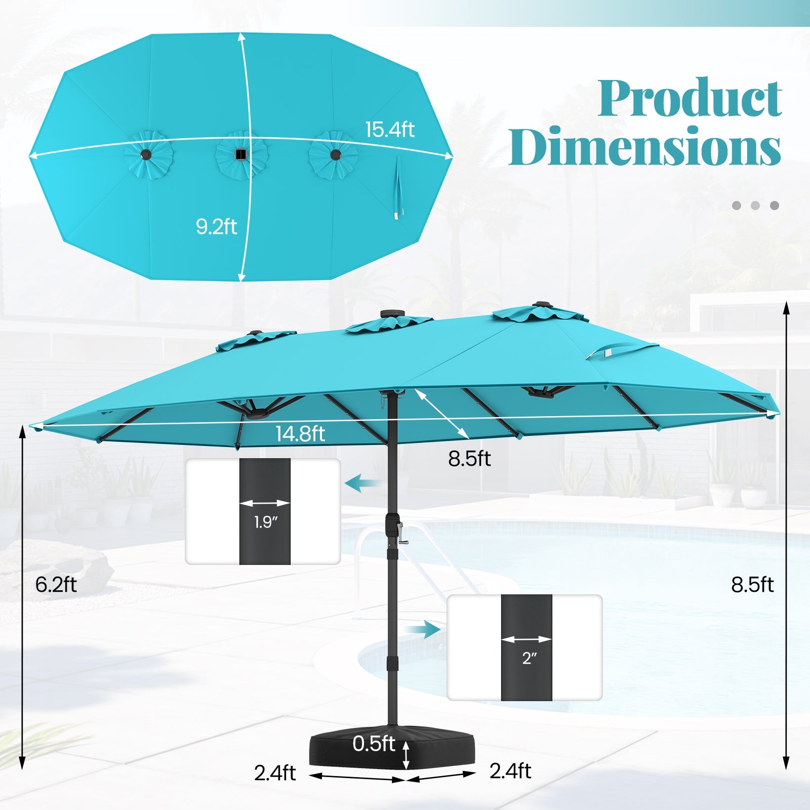 15 Feet Double-Sided Patio Umbrella with 48 LED Lights, Turquoise Outdoor Umbrellas at Gallery Canada