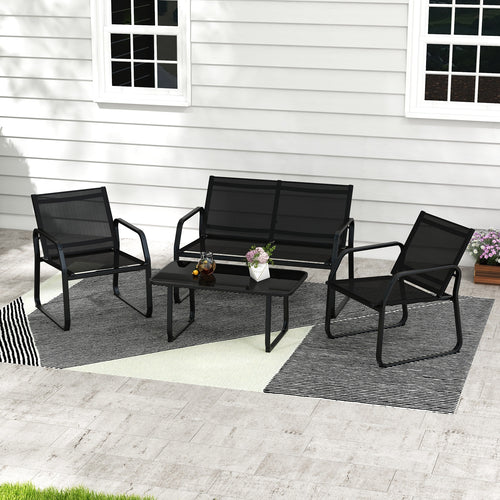 4 Pieces Patio Conversation Set with Breathable Fabric Seat and Tempered Glass Tabletop, Black