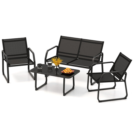4 Pieces Patio Conversation Set with Breathable Fabric Seat and Tempered Glass Tabletop, Black Patio Conversation Sets Black at Gallery Canada
