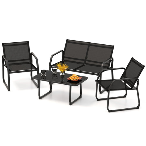 4 Piece Patio Conversation Set, Breathable Fabric, Tempered Glass, Black
