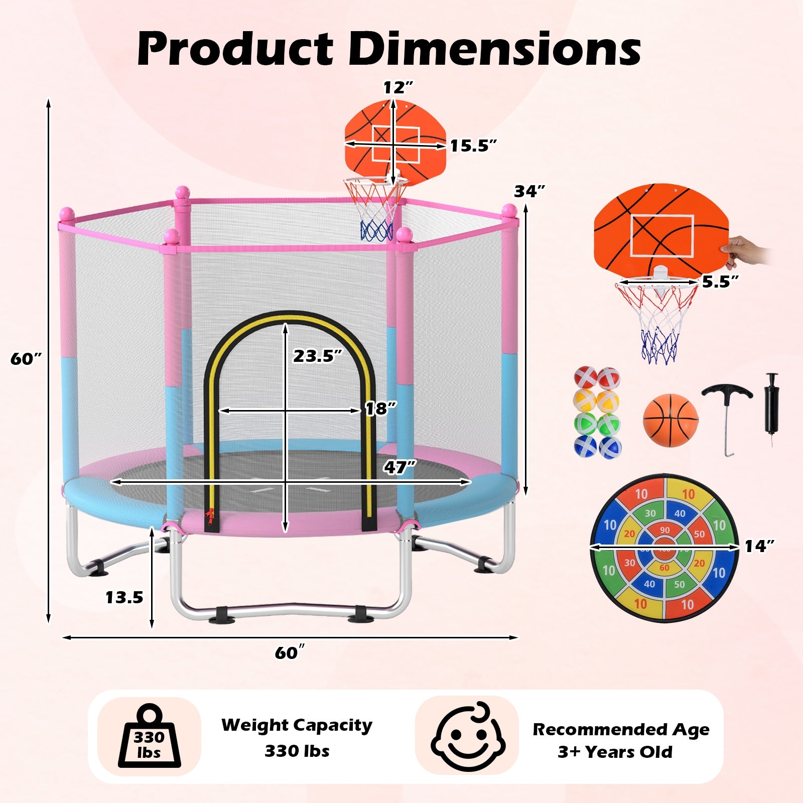 60 inch Kids Trampoline Toddler Recreational Trampoline with Basketball Hoop, Macaron Trampolines at Gallery Canada