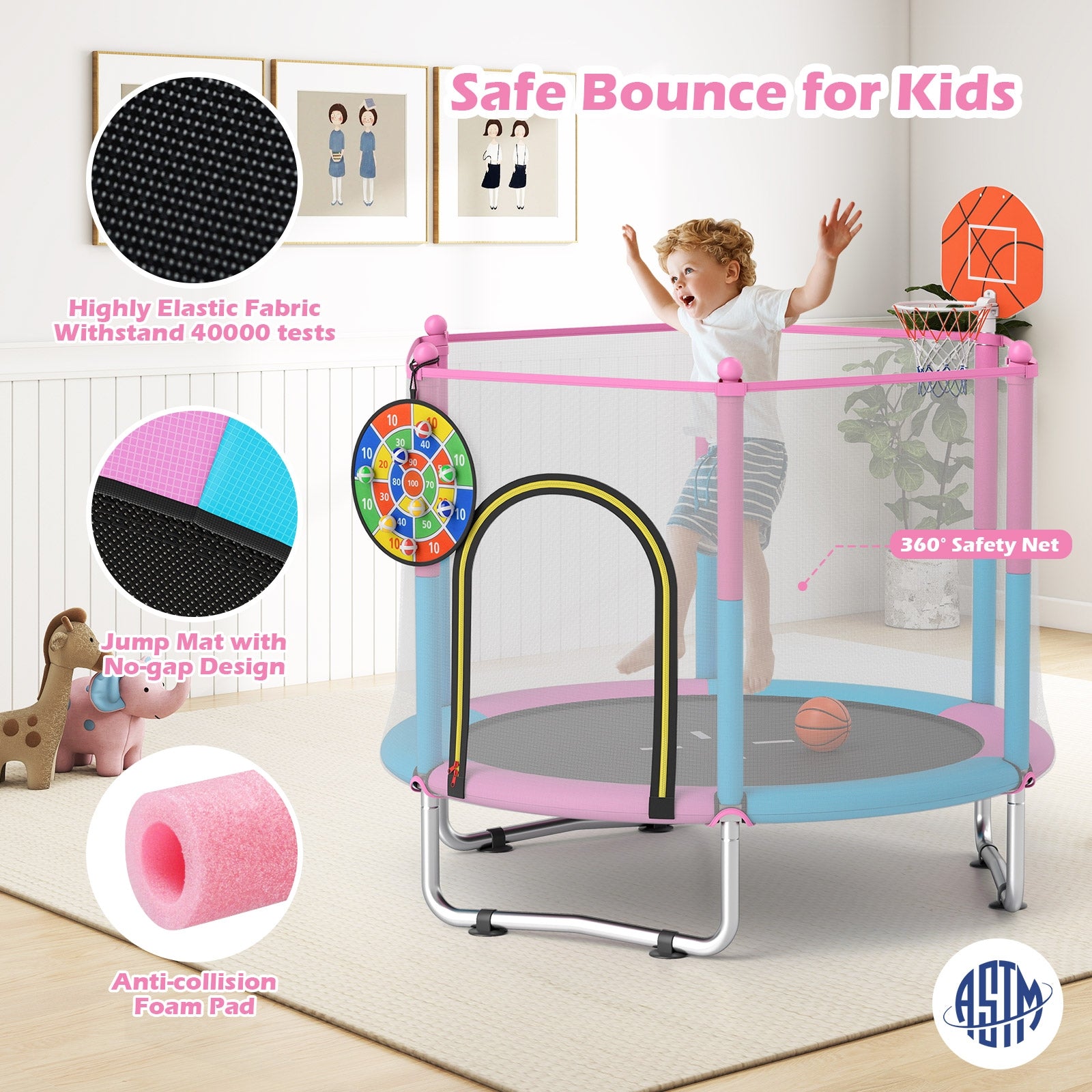 60 inch Kids Trampoline Toddler Recreational Trampoline with Basketball Hoop, Macaron Trampolines at Gallery Canada