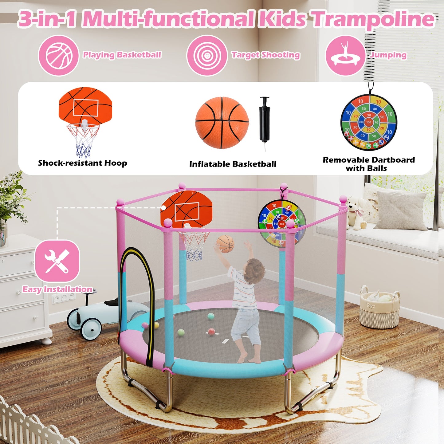 60 inch Kids Trampoline Toddler Recreational Trampoline with Basketball Hoop, Macaron Trampolines at Gallery Canada
