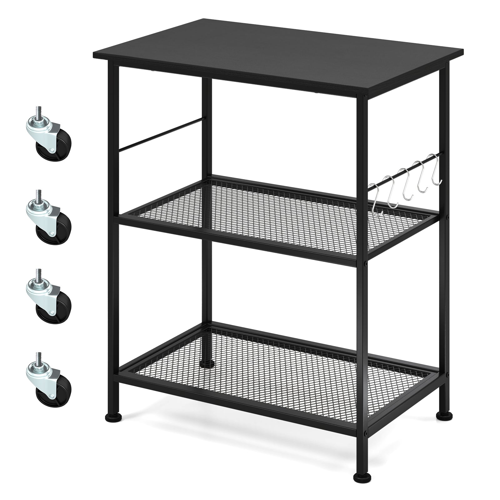 3-Tier Kitchen Cart, Microwave Rack With Hooks, Black Baker's Racks at Gallery Canada