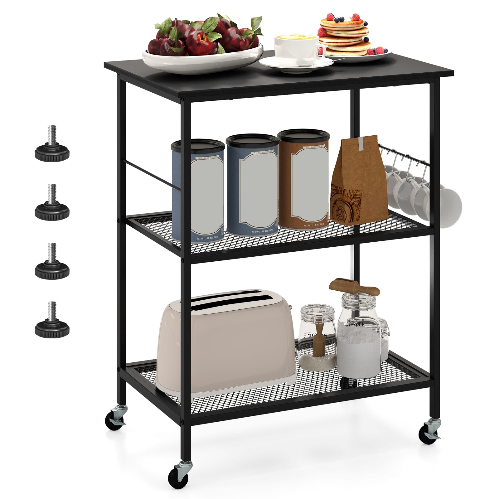 3-Tier Kitchen Serving Cart Utility Standing Microwave Rack with Hooks, Black Baker's Racks at Gallery Canada